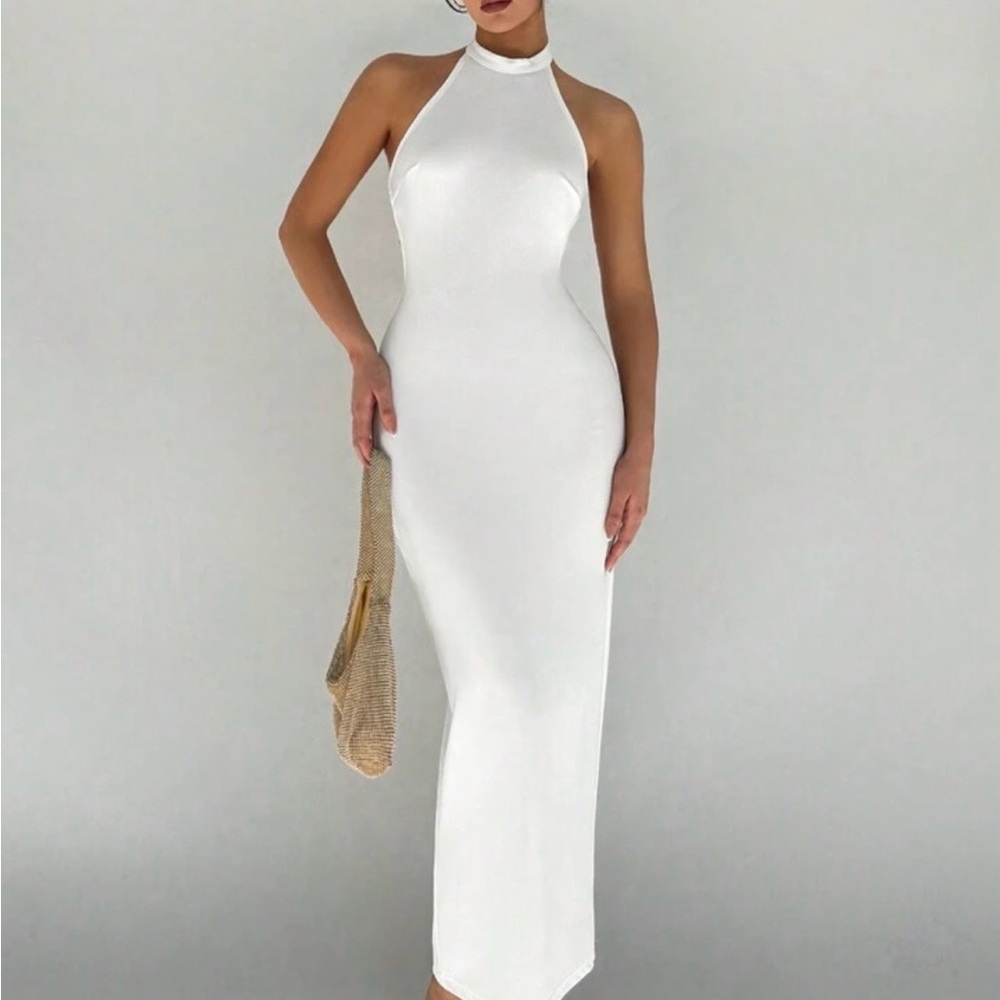 Halter Neck White Maxi Dress - Sleek Evening Dress